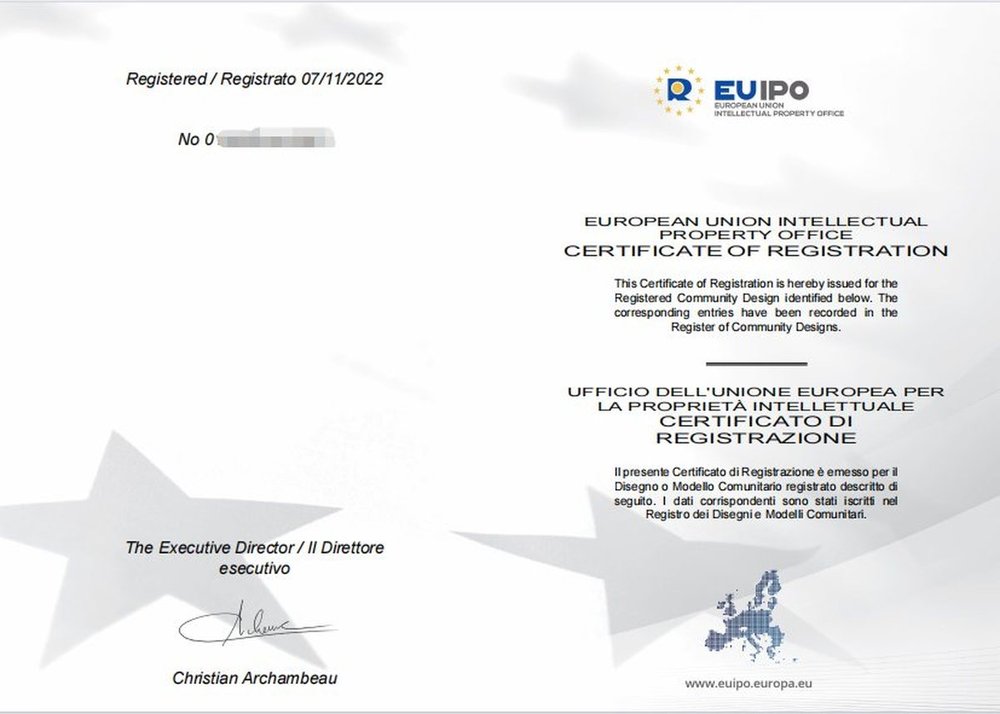 European Union design registration certificate